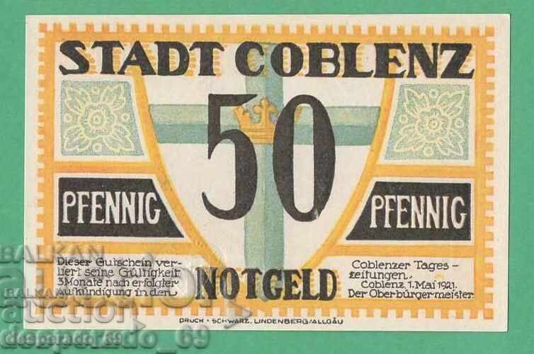(¯`'•.¸NOTGELD (orașul Coblenz) 1921 UNC - 50 pfenigi¸.•'´¯) cu preț € 1.40 | 2.74 BGN