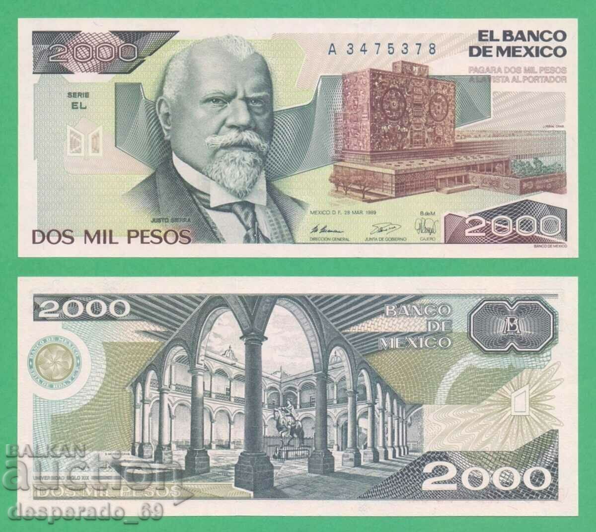 (¯`'•.¸ MEXICO 2000 pesos 1989 UNC ¸.•'´¯)