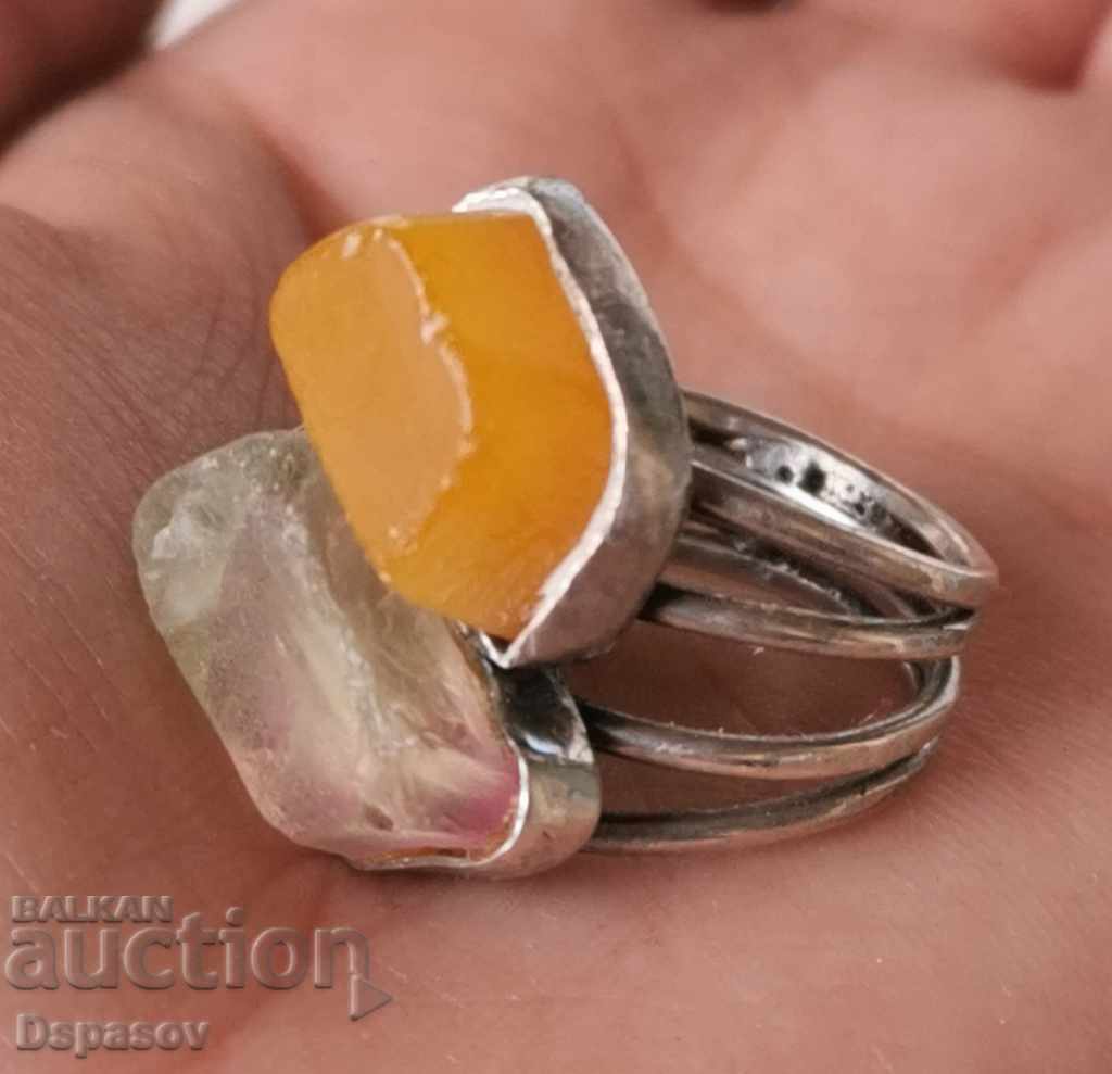 Silver Ring with Amethrin and Amber