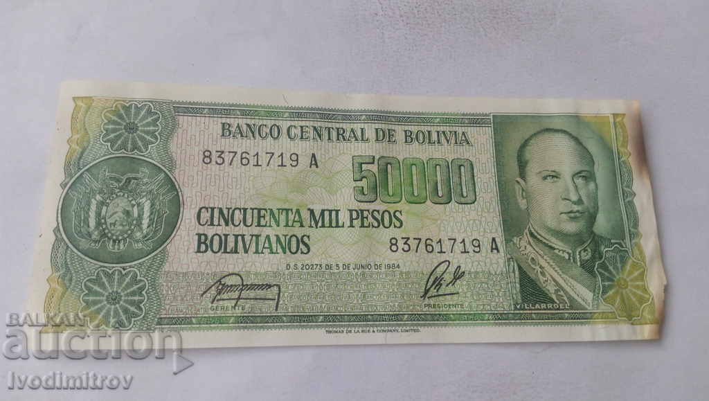 Bolivia 50,000 Bolivanos 1984 with a stamp of 5 cents