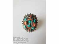 Tibetan ring with red coral and turquoise