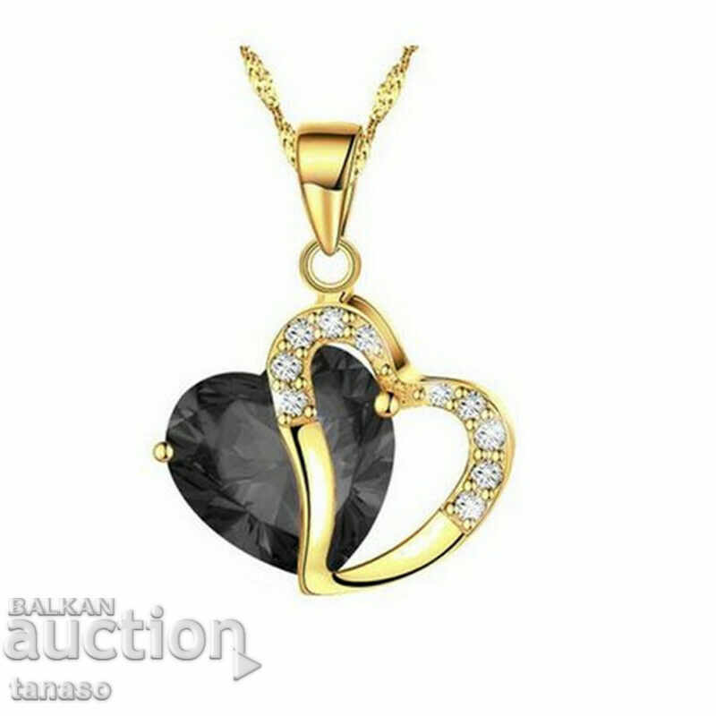 Black zircon necklace, heart, pendant with chain, gold-plated
