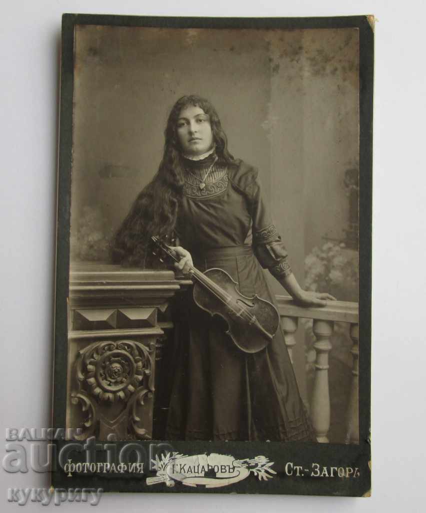 Old photo hard cardboard girl with violin Kingdom Bulgaria