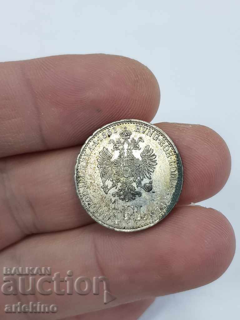 Рядка сребърна австрийска монета 1/4 FL 1861 UNC