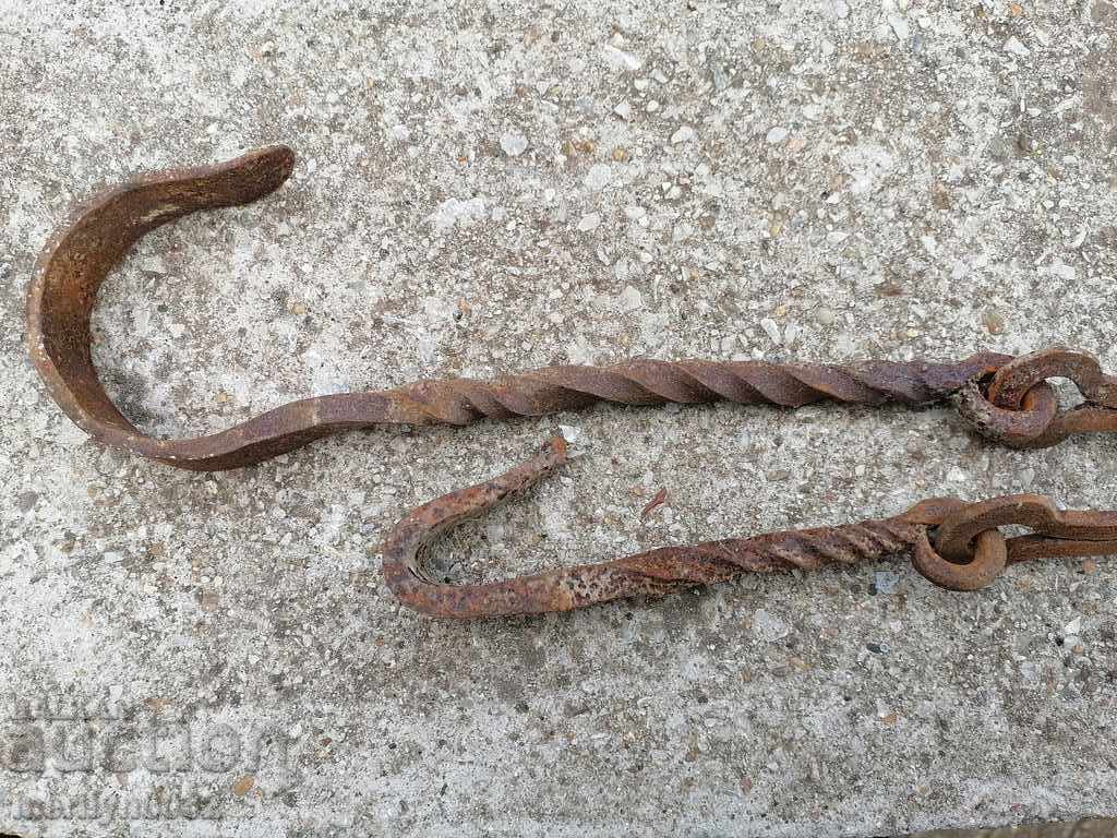 Auction Old forged chain with hook, hearth for hearth chain hook Auction Old forged chain with hook, hearth for hearth chain hook