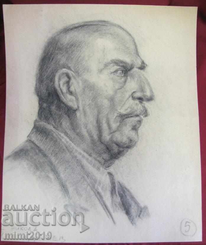 Desen din anii 50, portret al creionului Nikola Baltadjiev pe carton