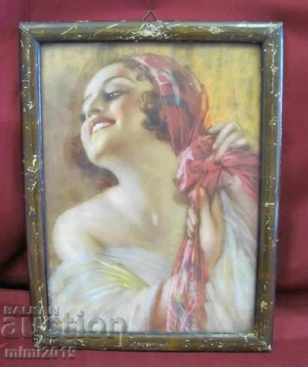 19th century Old lithograph wooden frame with glass