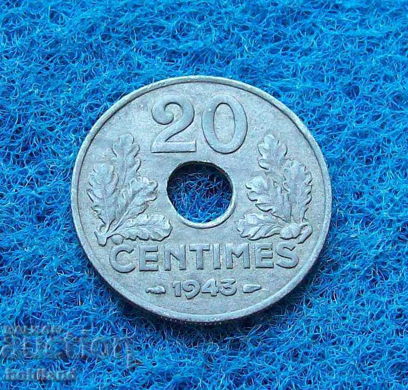 20 центимес Франция 1943-редки