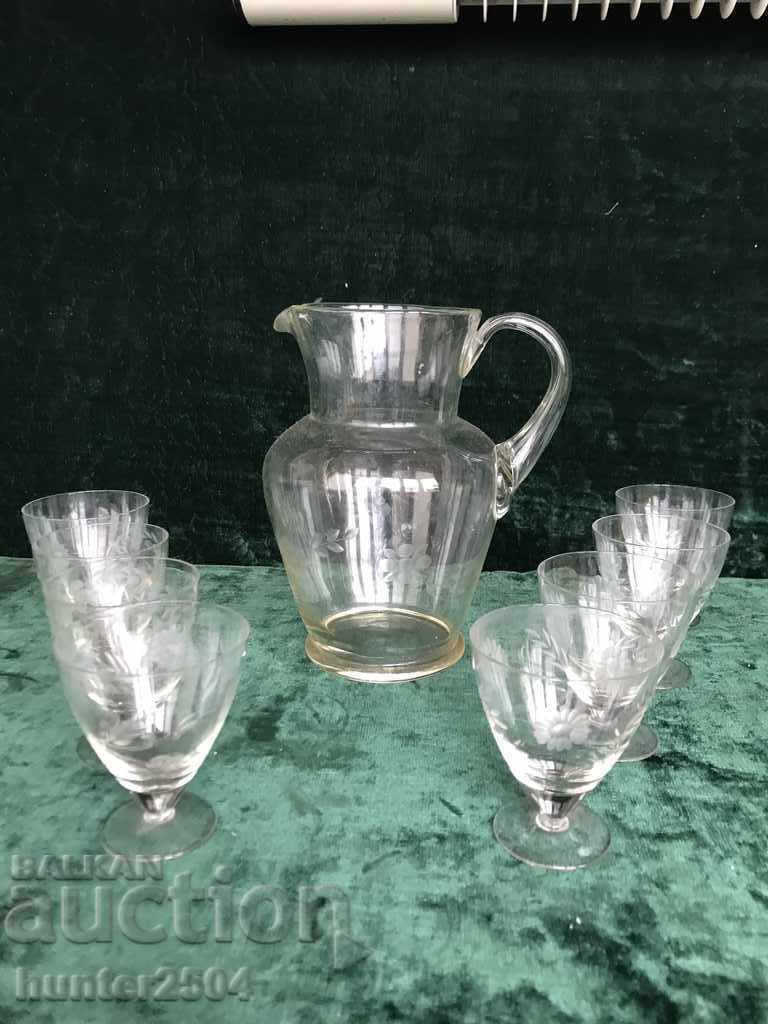 Jug and 6 wine glasses - thin, engraved glass