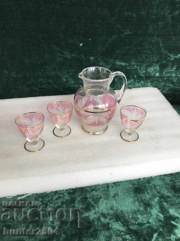 Jug and cups 3 pcs pink engraved glass