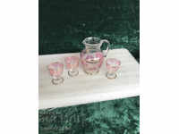 Jug and cups 3 pcs pink engraved glass