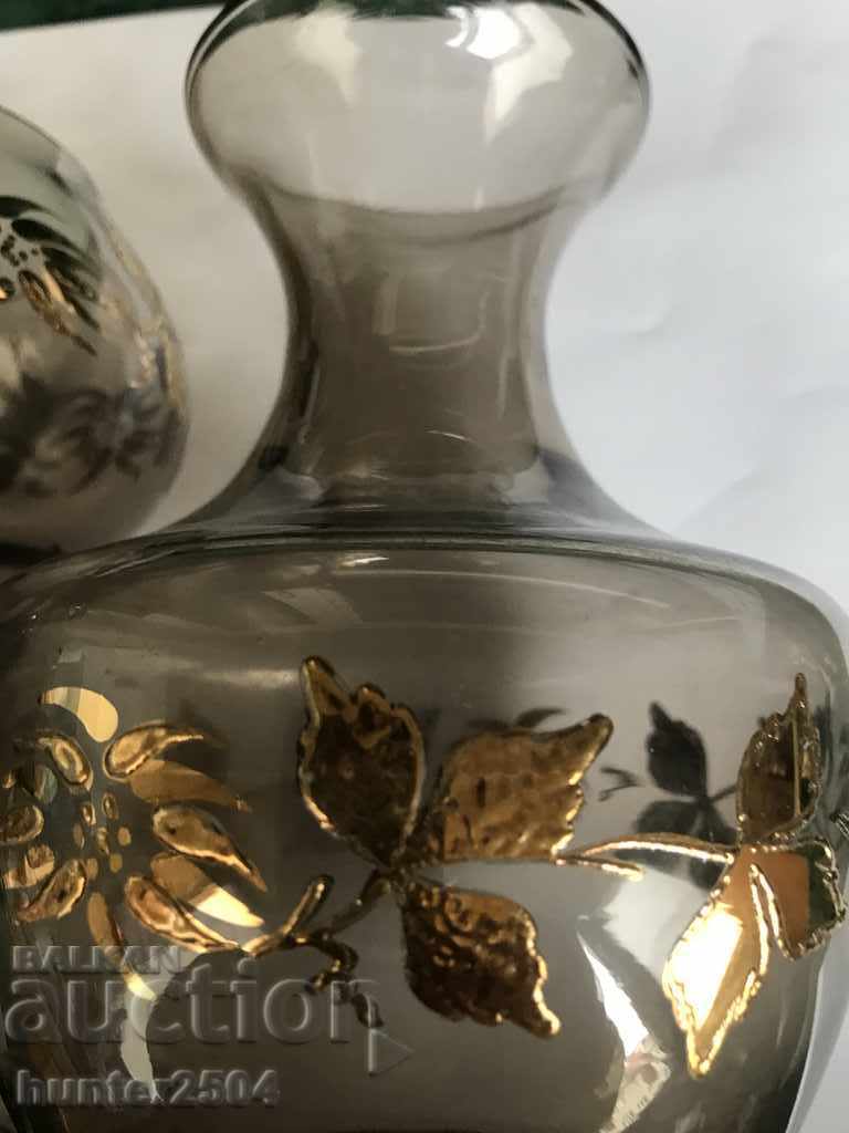 Чаша и ваза-опушено старо стъкло със злато-вис.19см Бг