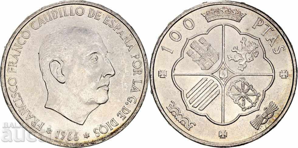 Spania 100 peseta 1966 Francisco Franco argint UNC
