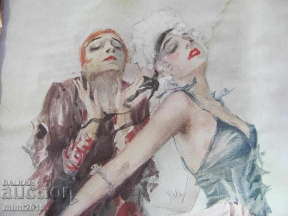 Print Art Deco al anilor '30 în rama originală cu preț 140.00 BGN | € 71.58