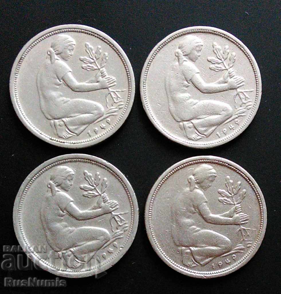 Germany. Full lot 50 pfennigs 1949 (D, F, G, J) with price 5.00 BGN | € 2.56 Germany. Full lot 50 pfennigs 1949 (D, F, G, J) with price 5.00 BGN | € 2.56