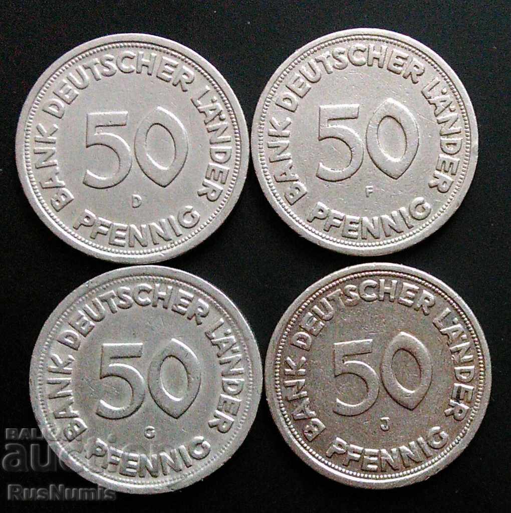Γερμανία. Πλήρης παρτίδα 50 pfennigs 1949 (D, F, G, J)