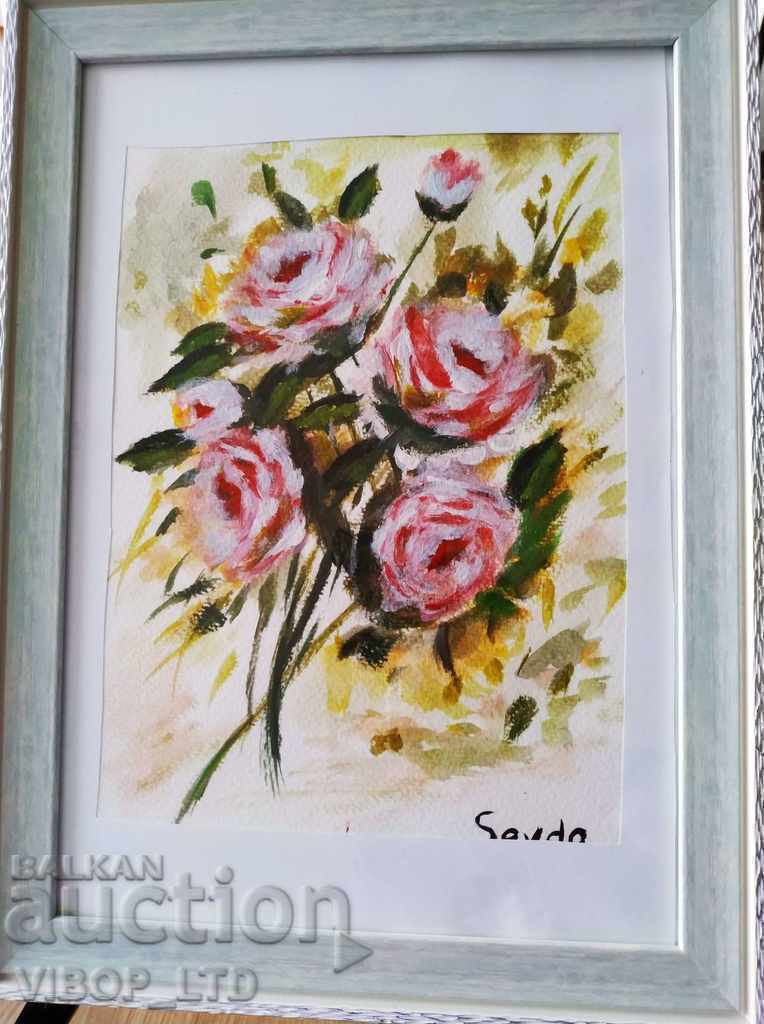 BOUQUET OF ROSES painted author's painting signature frame glass