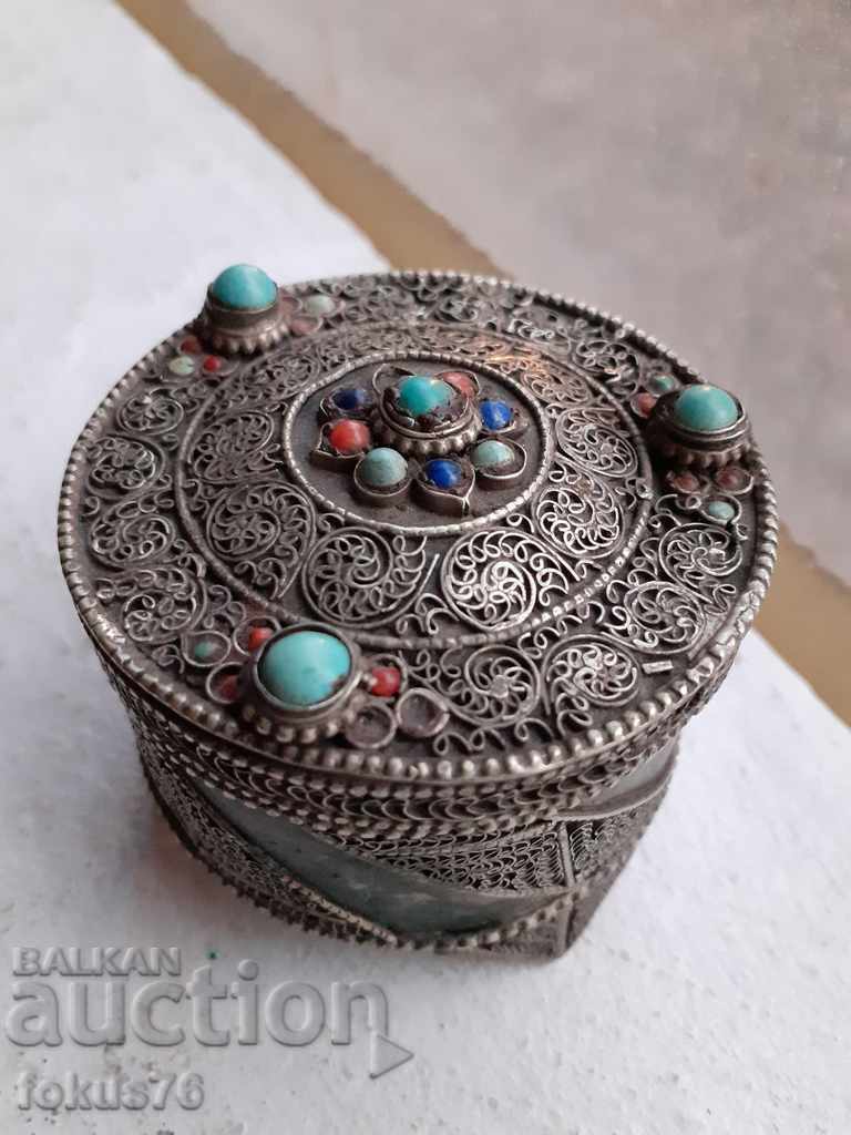Old ottoman silver box - sachan with corals and turquoises