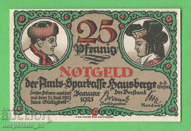 (¯`'•.¸NOTGELD (πόλη Hausberge) 1921 UNC -25 pfennig¸.•'´¯)
