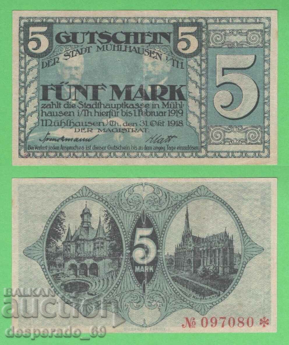 (¯`'•.¸ГЕРМАНИЯ (Mühlhausen) 5 марки 1918¸.•'´¯)