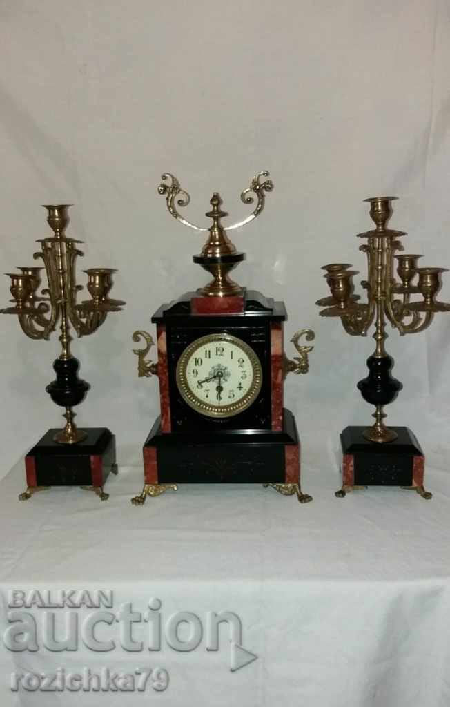 Old fireplace clock with candlesticks set
