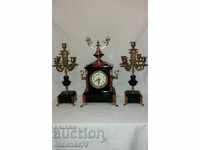 Old fireplace clock with candlesticks set