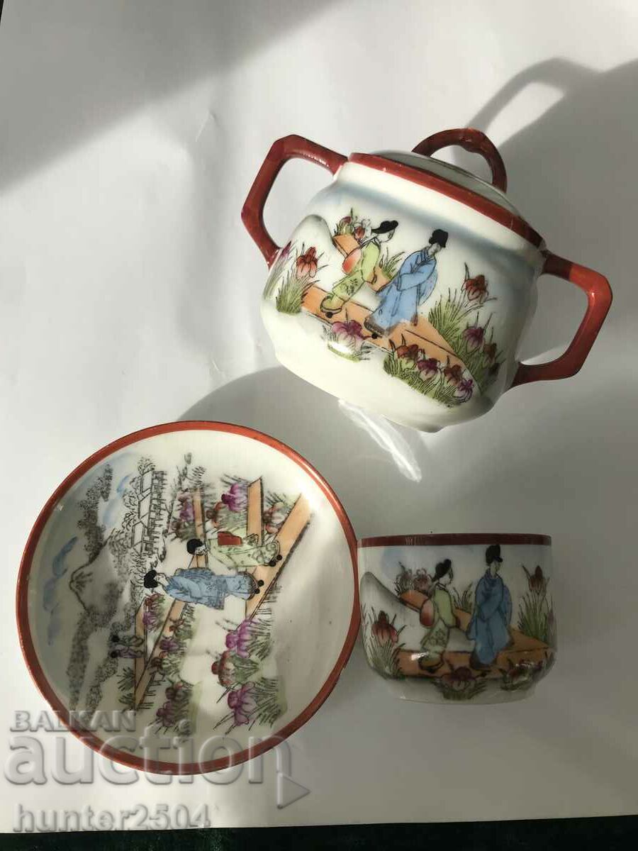 Cup, plate and sugar bowl - fine porcelain