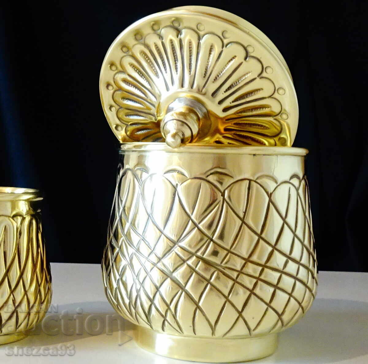 Double-walled whiskey glass, mug, sugar bowl made of brass Double-walled whiskey glass, mug, sugar bowl made of brass