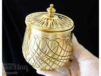 Double-walled glass, sugar bowl, brass mug.