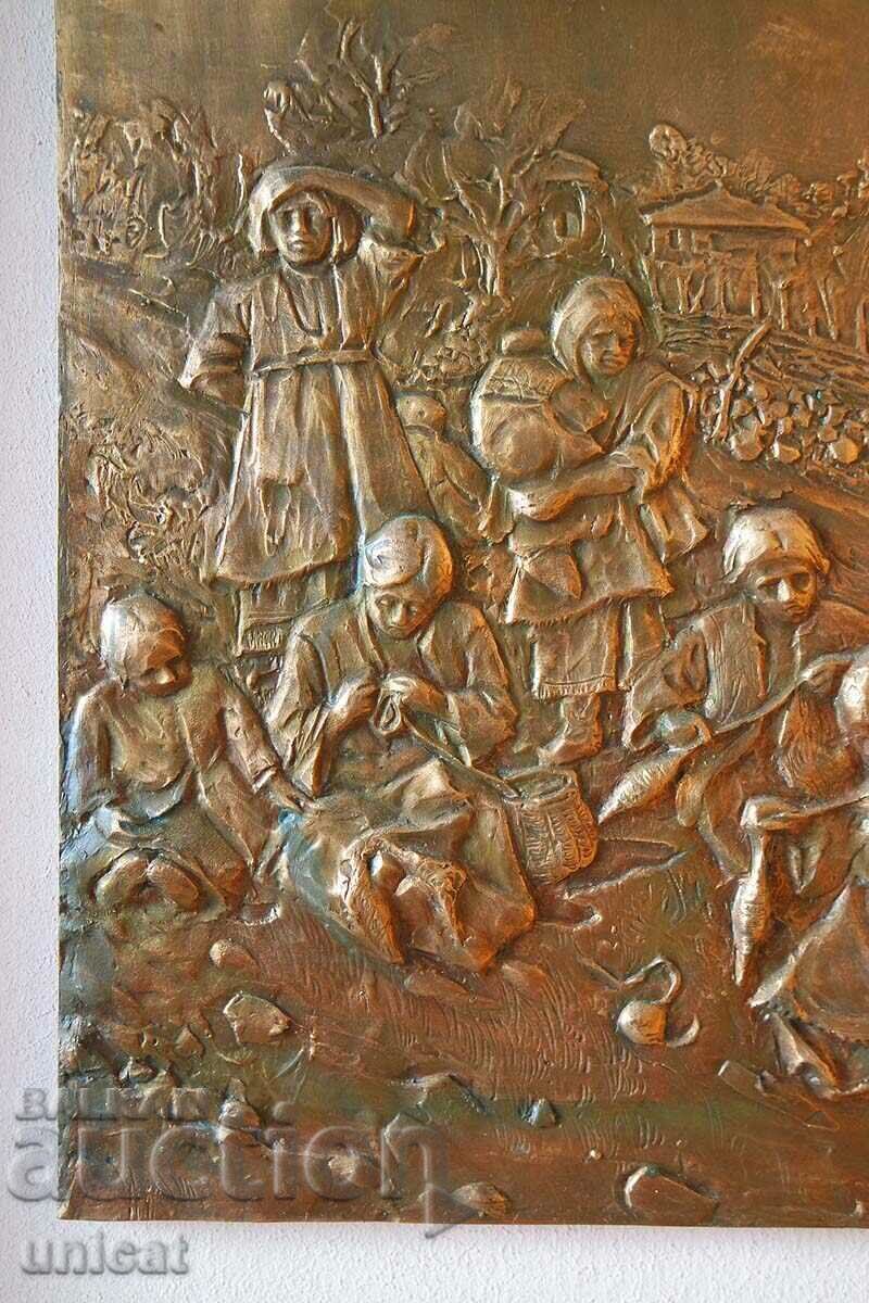 Auction Women on a bench, old copper panel Auction Women on a bench, old copper panel