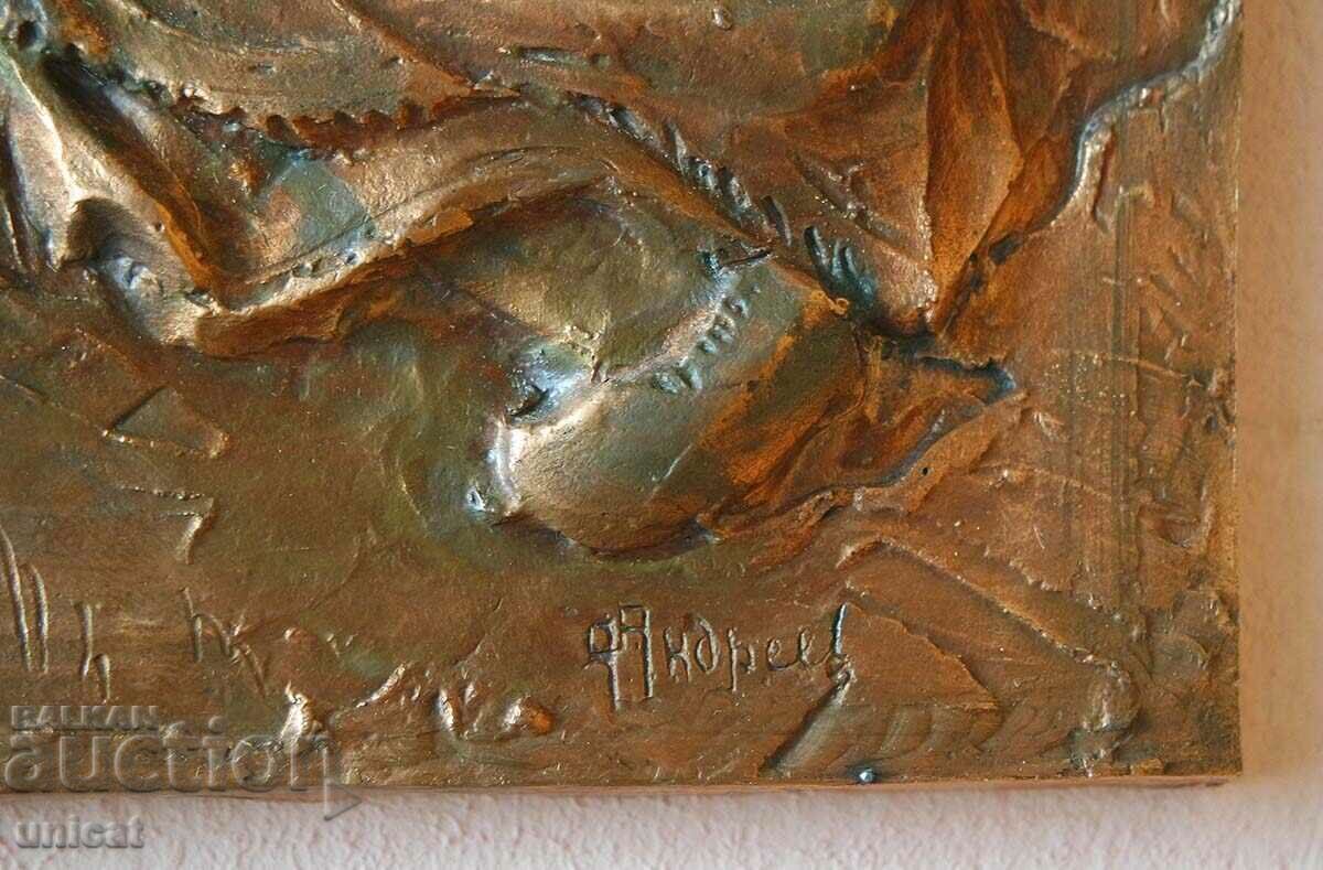 Delivery of Women on a bench, old copper panel Delivery of Women on a bench, old copper panel