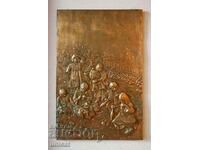 Women on a bench, old copper panel