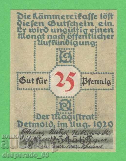(¯`'•.¸NOTGELD (city. Detmold) 1920 UNC -25 pfennig¸.•'´¯) with price 2.30 BGN | € 1.18