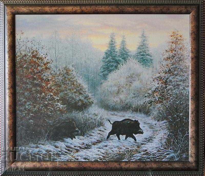 Winter forest landscape with two wild boars, painting Winter forest landscape with two wild boars, painting