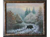 Winter forest landscape with two wild boars, painting