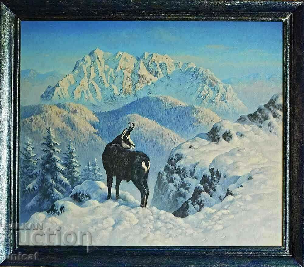 Peisaj montan de iarnă cu capră, pictură