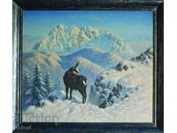 Peisaj montan de iarnă cu capră, pictură