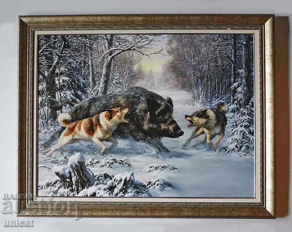 Wild boar, boar against dogs, winter landscape, picture
