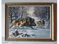 Wild boar, boar against dogs, winter landscape, picture