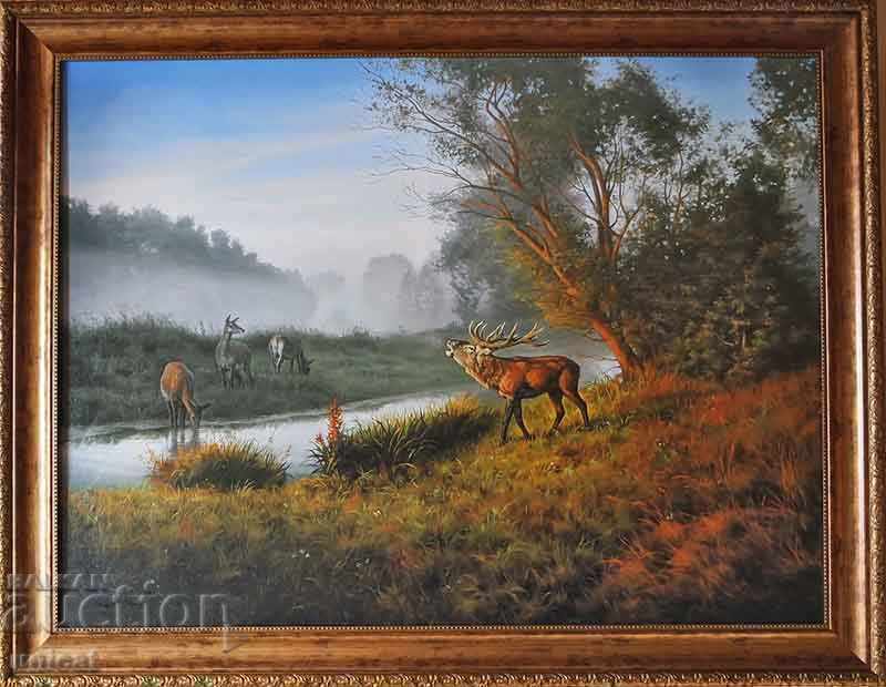 Red deer with hinds, painting Red deer with hinds, painting