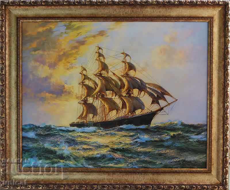 Course - forward! Seascape with sailboat, painting