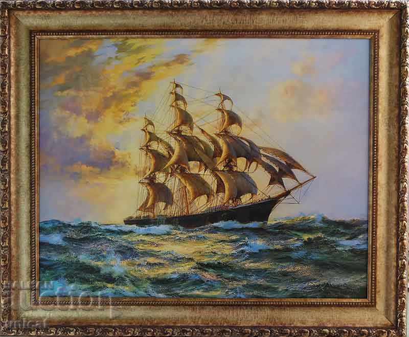 Course - forward! Seascape with sailboat, painting Course - forward! Seascape with sailboat, painting