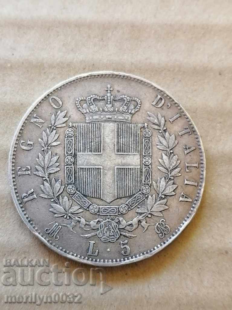 Монета 5 лири 1873 год Кралство Италия сребро 900/1000 проби