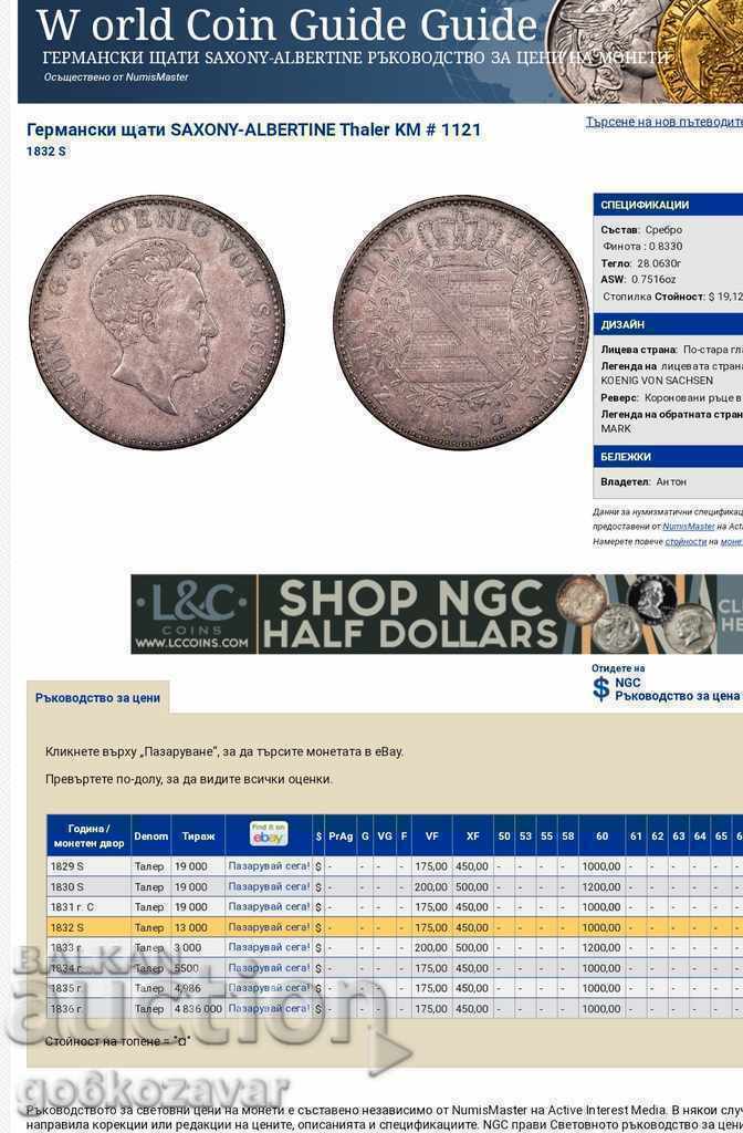 Thaler Germany Saxony 1832 S, Silver Mintage- 13,000 RARE! - 7 Thaler Germany Saxony 1832 S, Silver Mintage- 13,000 RARE! - 7