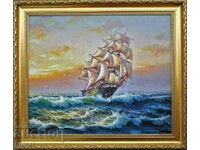 Sailing ship at sunset, seascape, painting