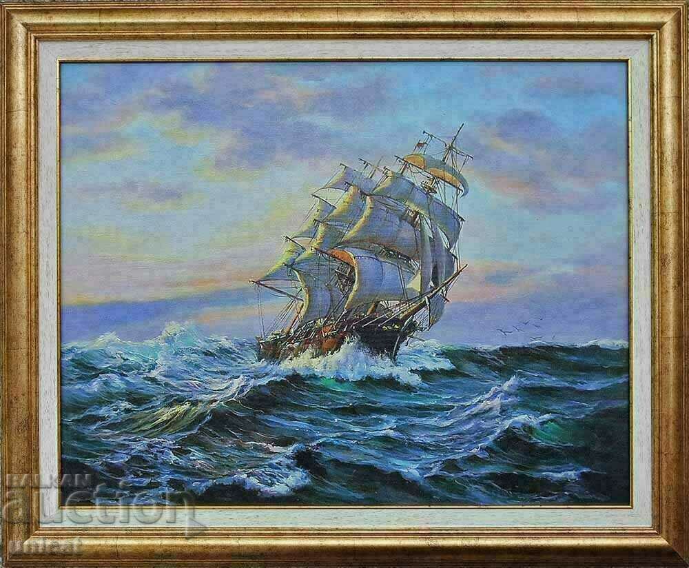 „La apus”, peisaj marin cu barca cu pânze, pictură