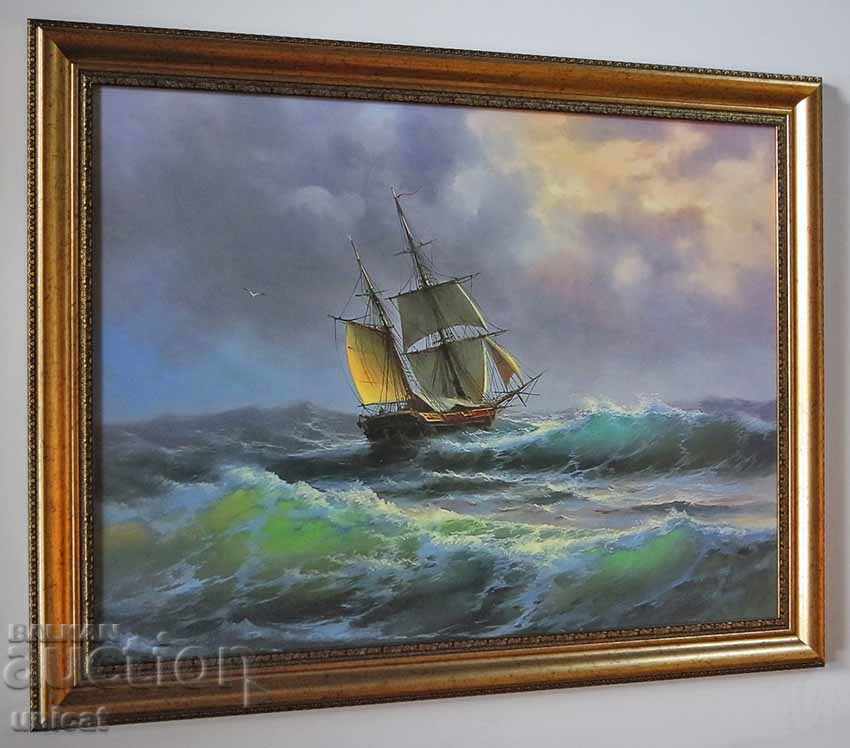 "Nocturne", seascape with a sailboat, picture