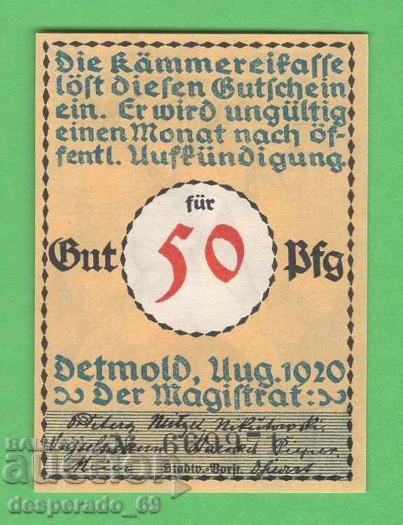 (¯` '• .¸NOTGELD (gr. Detmold) 1920 UNC -50 pfennig¸. •' ´¯) with price 2.70 BGN | € 1.38