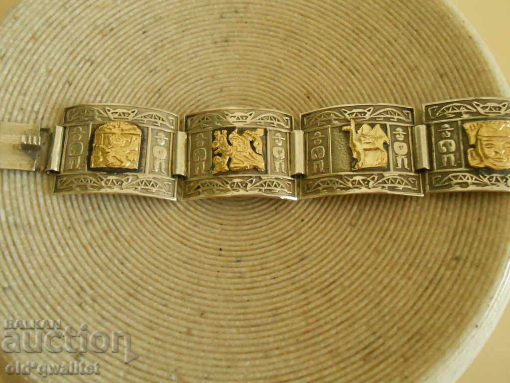 Auction Beautiful SILVER BRACELET, Silver 925 and 18K, PERU Auction Beautiful SILVER BRACELET, Silver 925 and 18K, PERU