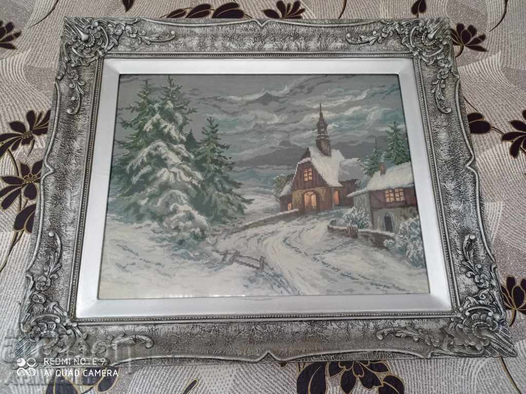 Original Vintage Aubusson Tapestry "Winter with Chapel" Original Vintage Aubusson Tapestry "Winter with Chapel"